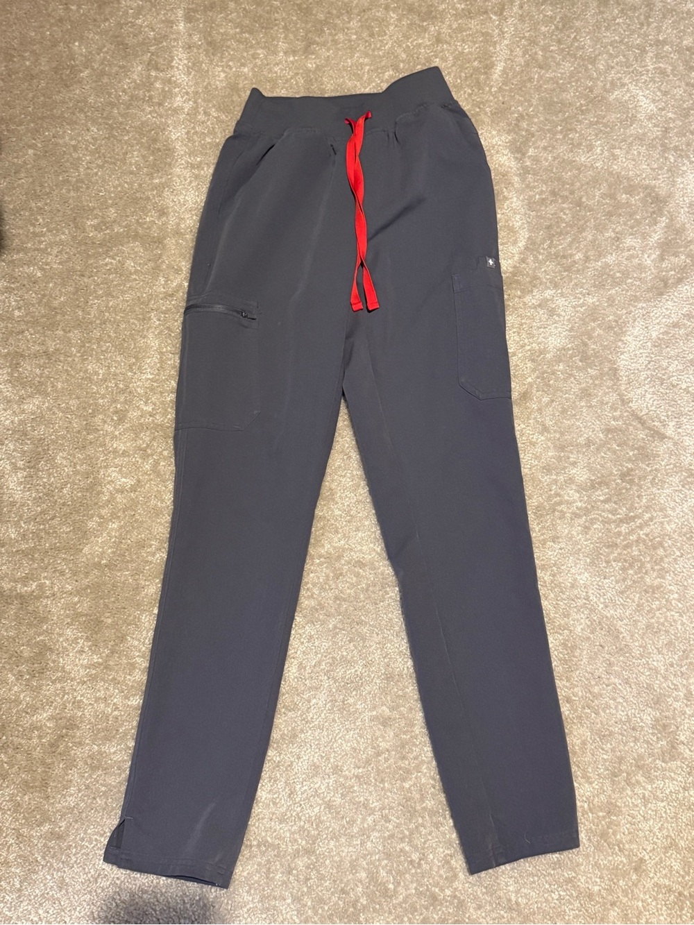 Figs Straight-Leg cargo Scrub Pants in gray with Red Drawstring